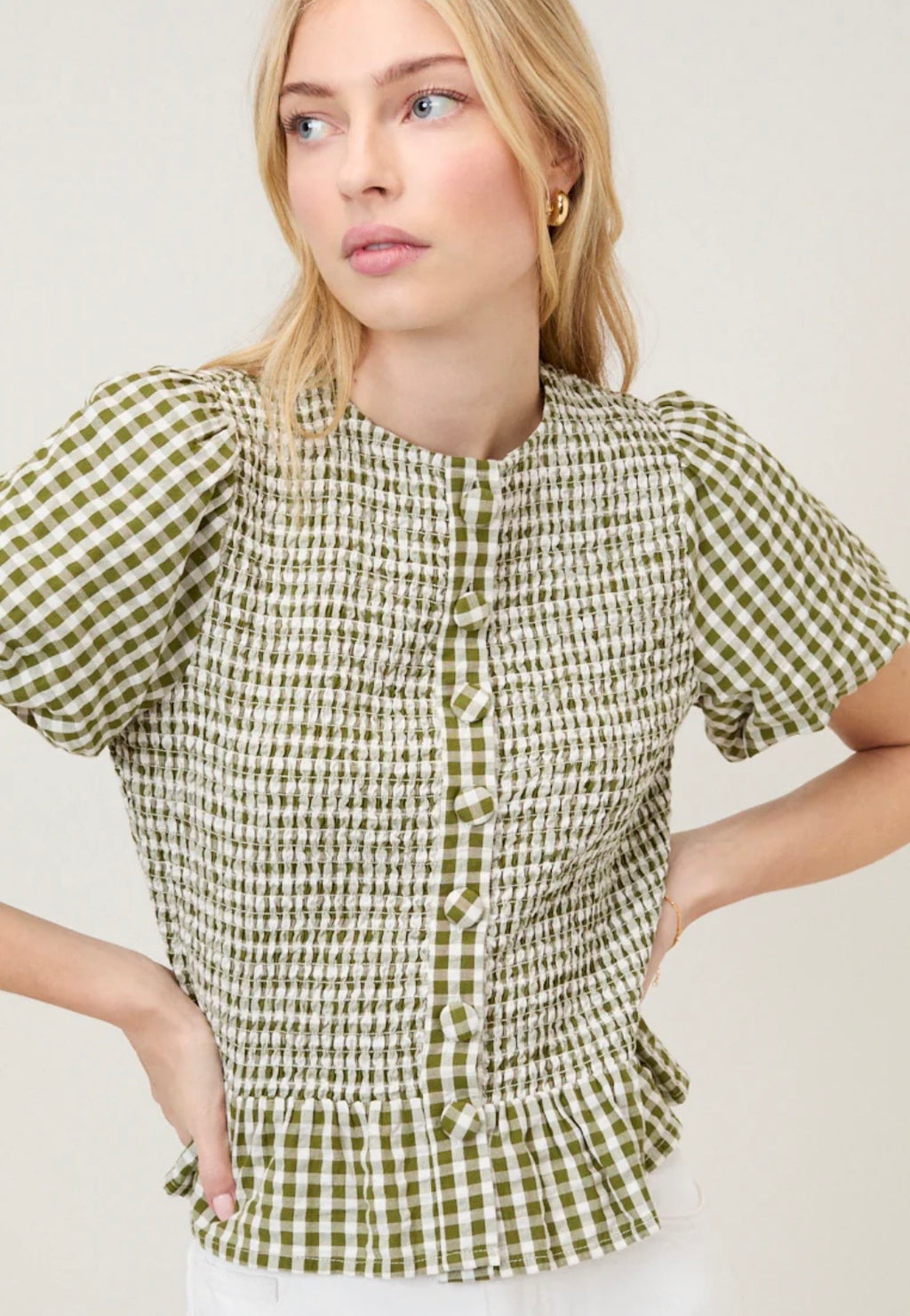 Nobody’s Child Green Gingham Puff Sleeve Top
