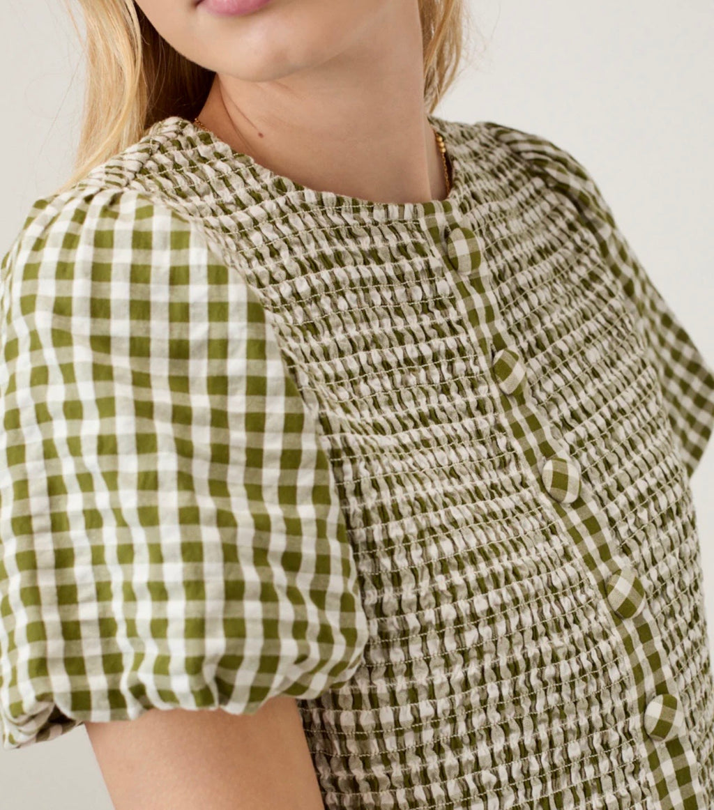 Nobody’s Child Green Gingham Puff Sleeve Top