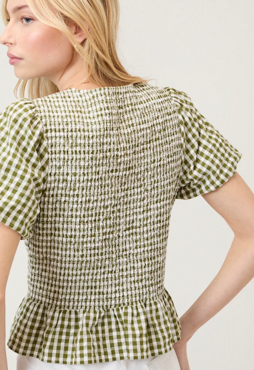 Nobody’s Child Green Gingham Puff Sleeve Top