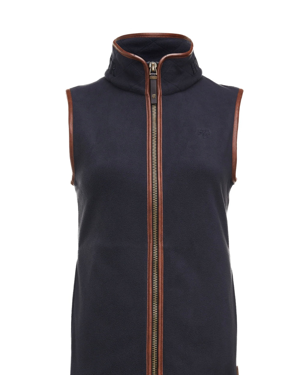 Navy blue vest with brown zipper on a white background