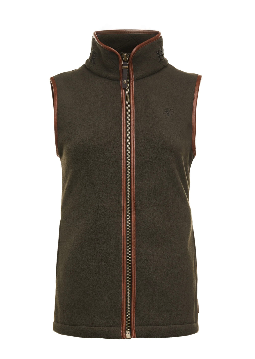 Brown sleeveless jacket with a zipper on a white background