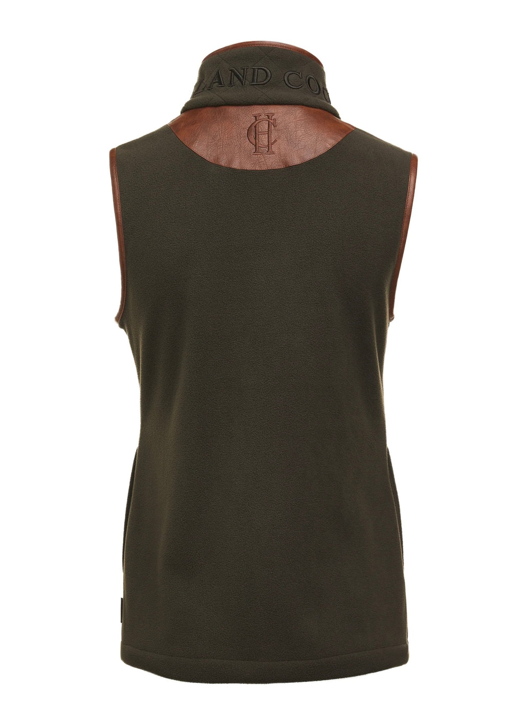 Dark brown sleeveless shirt with leather collar on a white background