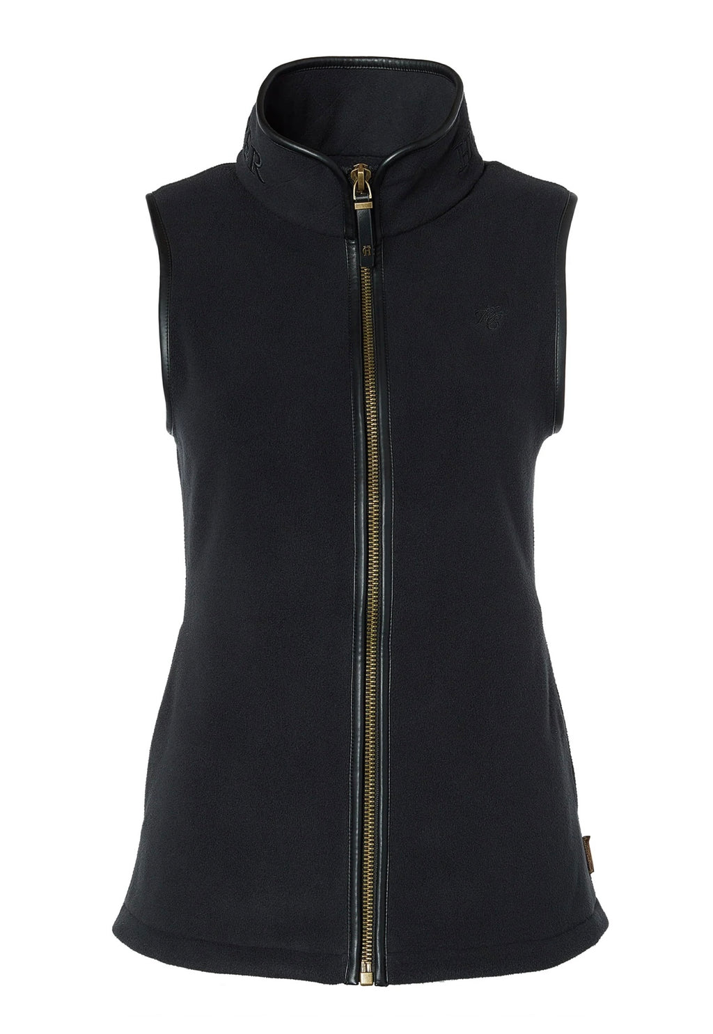 Black sleeveless jacket with a zipper on a white background