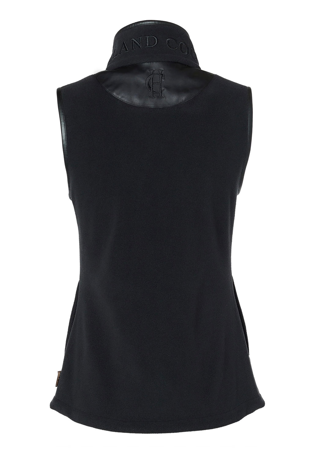 Black sleeveless top with leather collar on a white background