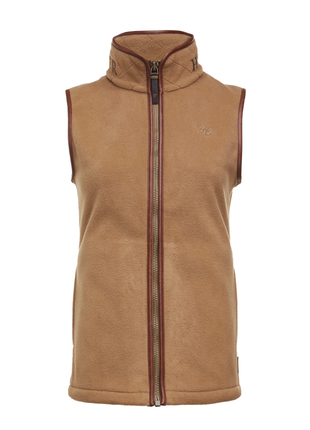 Brown fleece vest with a zipper on a white background