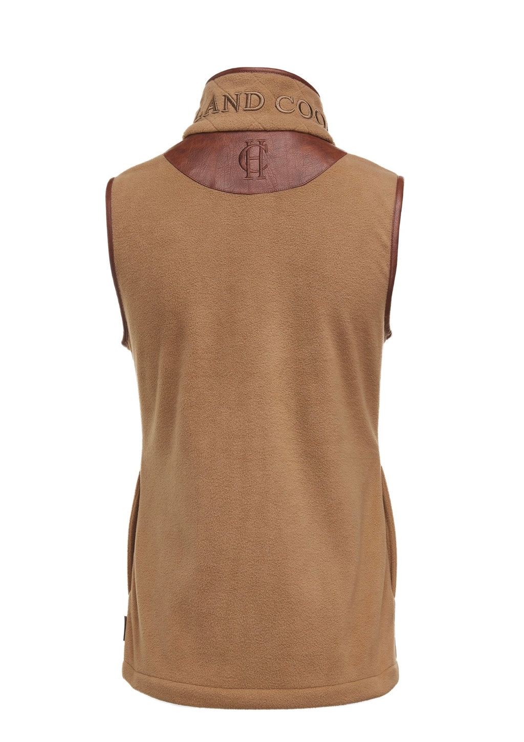 Brown sleeveless shirt with leather collar and back design on a white background