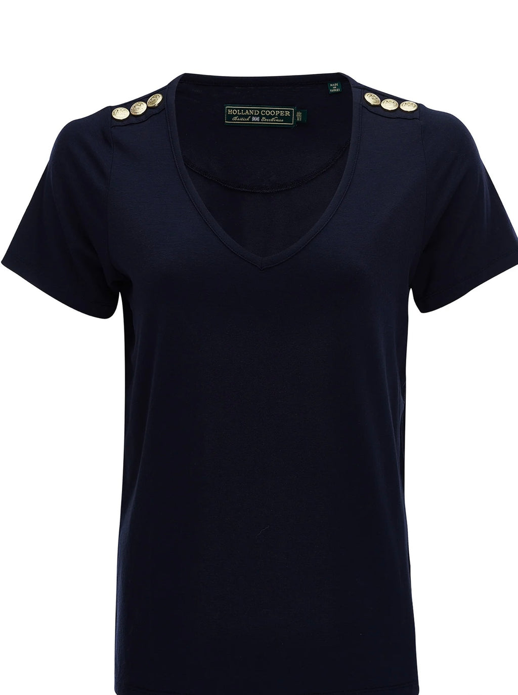 Black t-shirt with button details on a white background