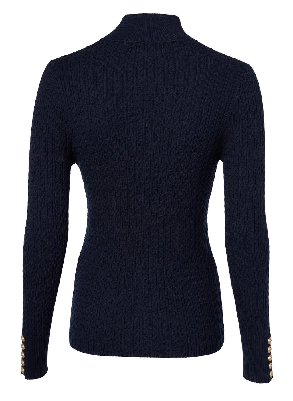 Navy blue ribbed sweater with gold buttons on cuffs and hem against a white background