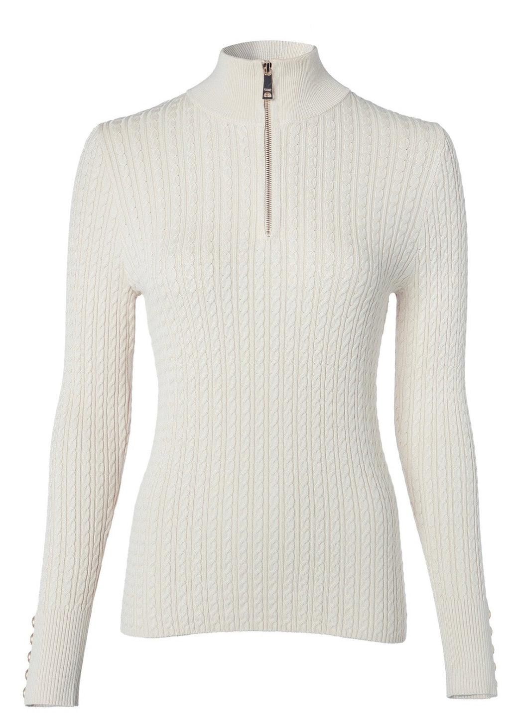 White ribbed sweater with a quarter zip on a white background