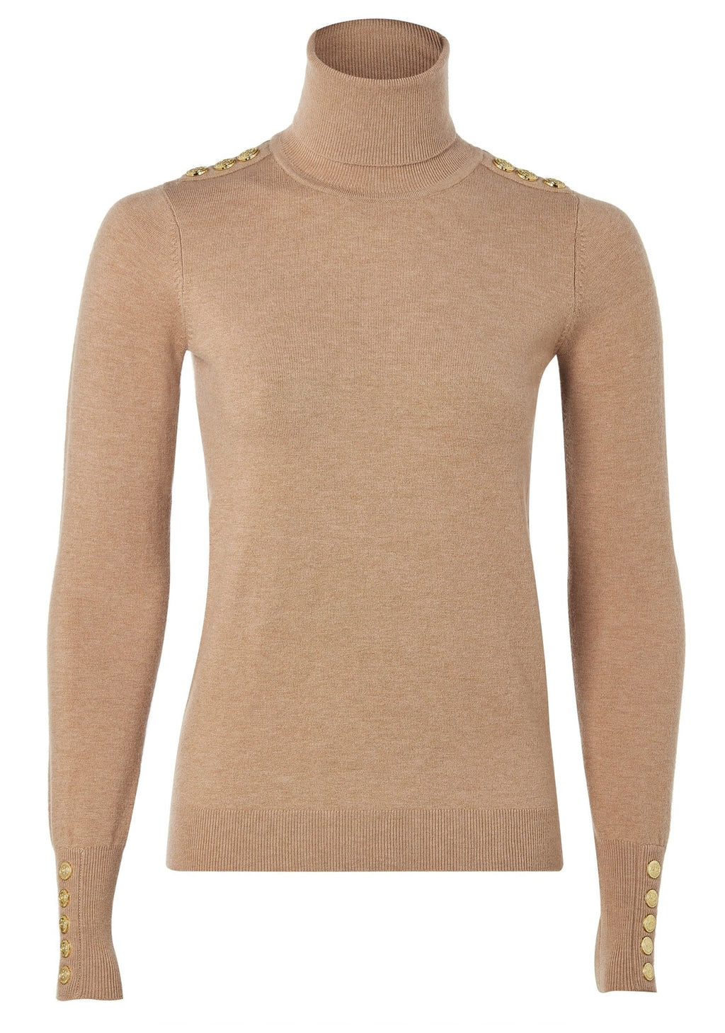 Beige turtleneck sweater with button details on a white background