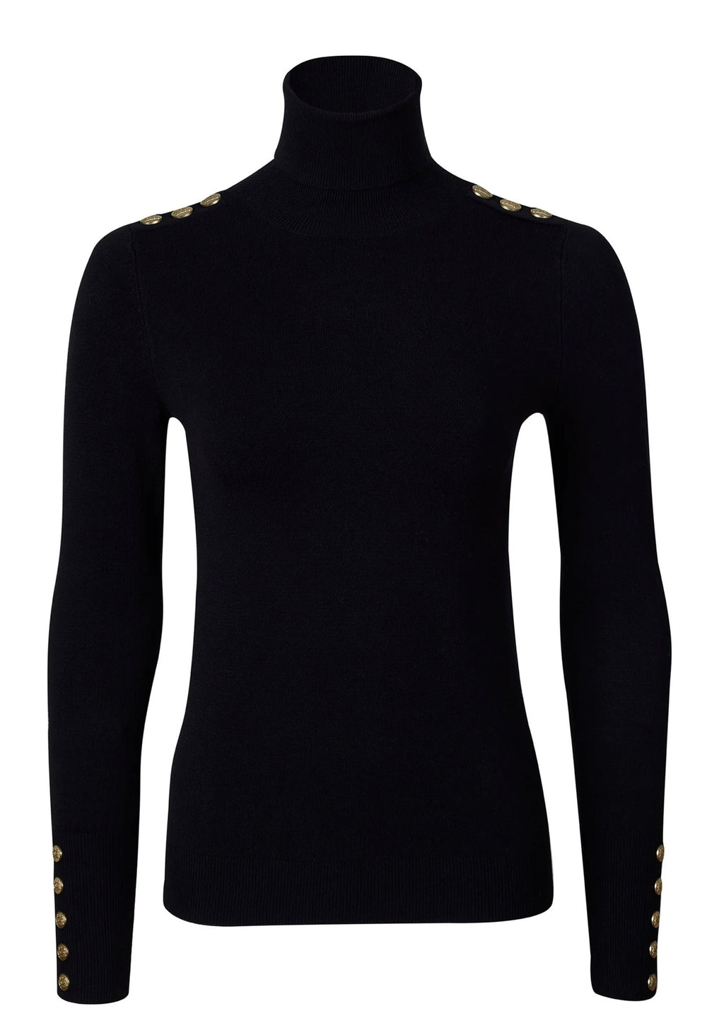 Black turtleneck sweater with gold buttons on a white background