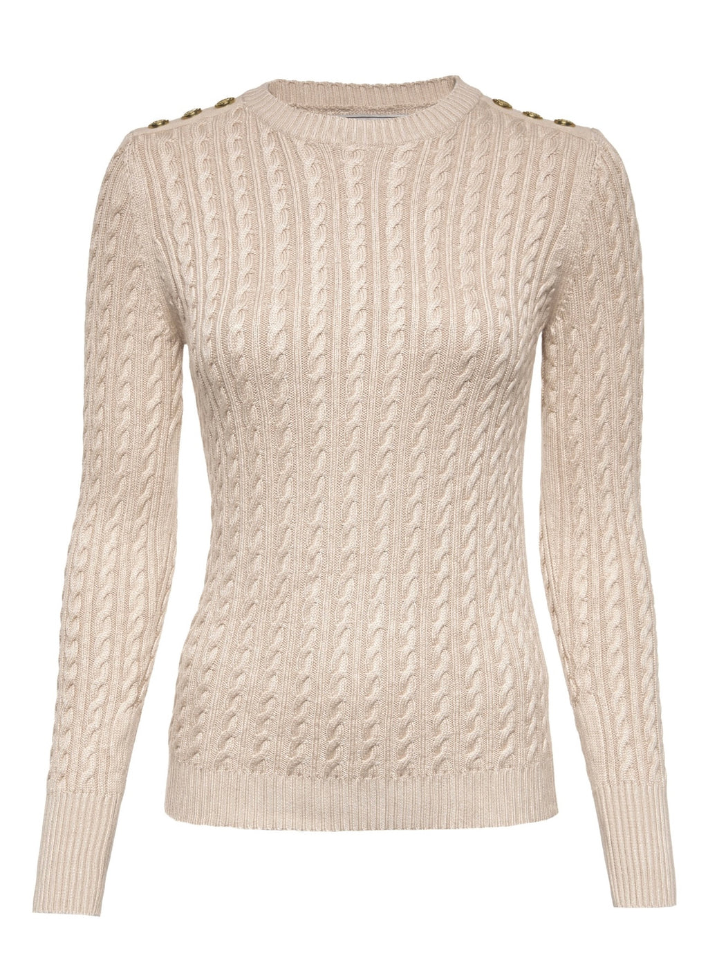 Beige cable knit sweater with button details on a white background