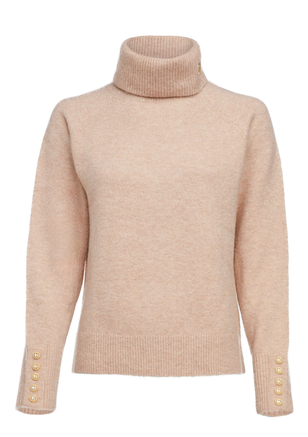 Beige turtleneck sweater with gold buttons on a white background