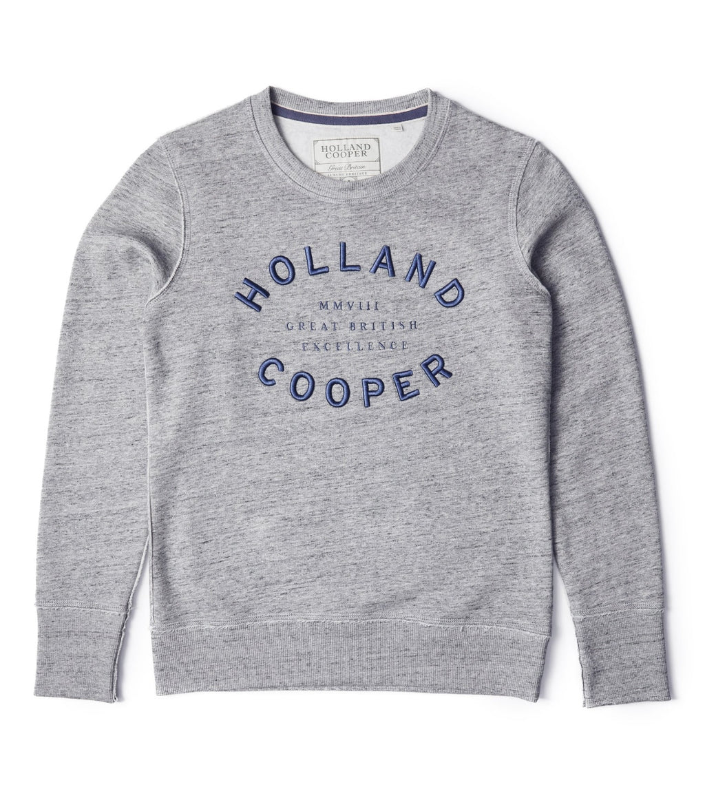 Gray sweatshirt with 'Holland Cooper' branding on a white background