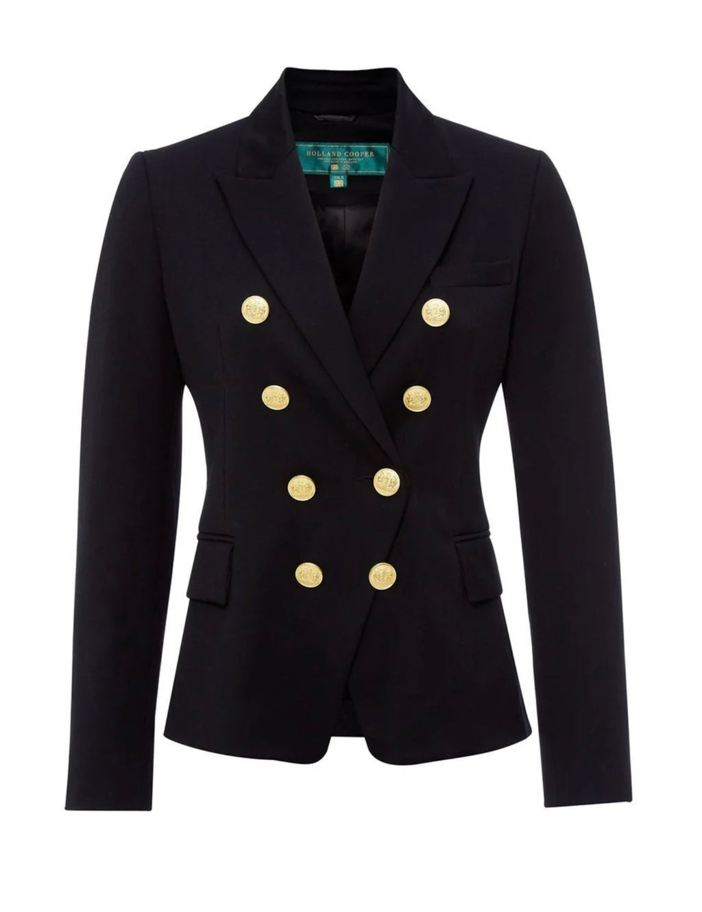 Black blazer with gold buttons on a white background