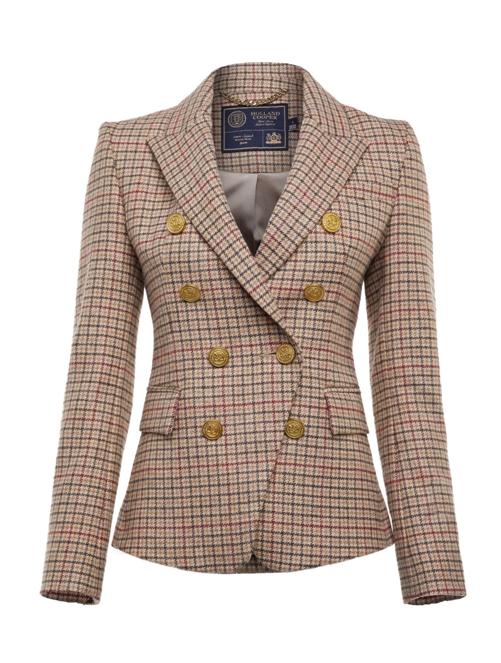 Plaid blazer with gold buttons on a white background