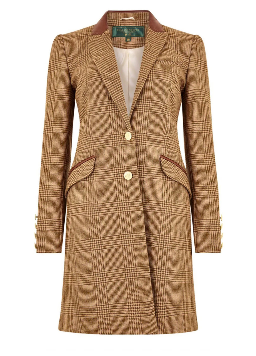 Brown checkered coat with button details on a white background