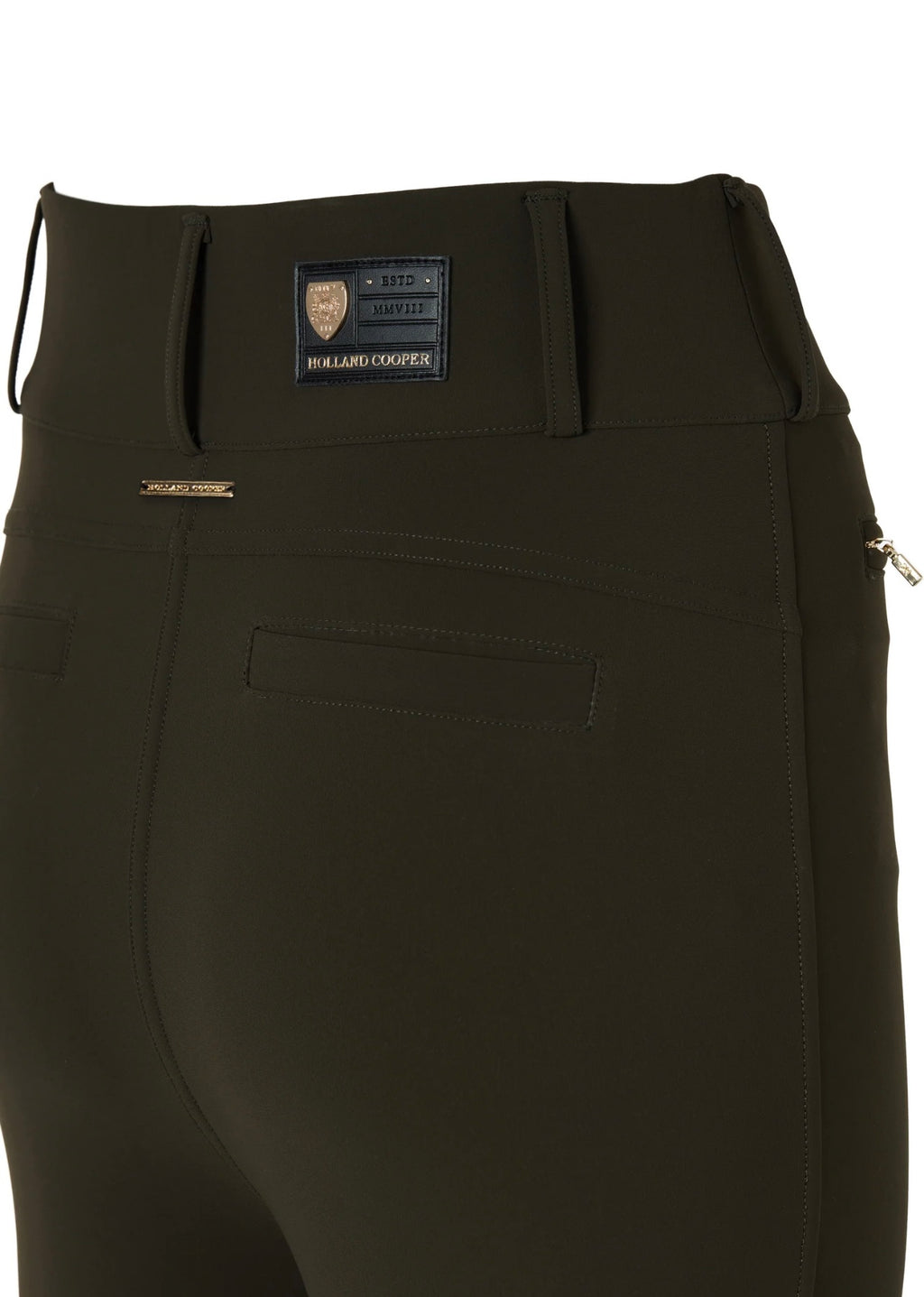 Dark green pants with a brand label on a white background