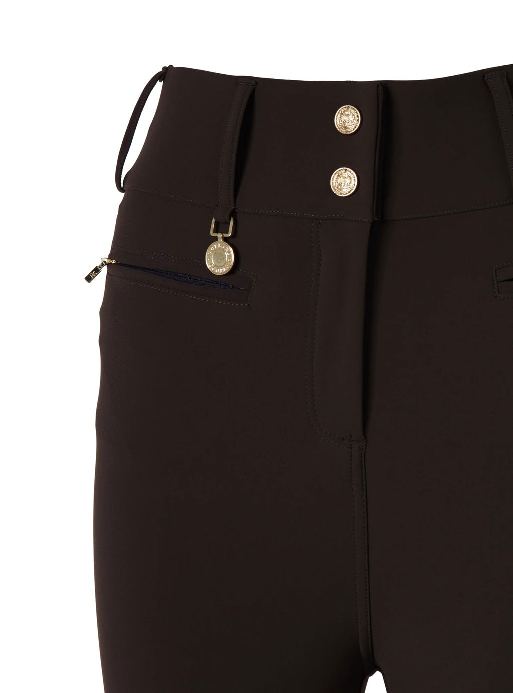 Close-up of black pants with gold buttons and a zipper on a white background