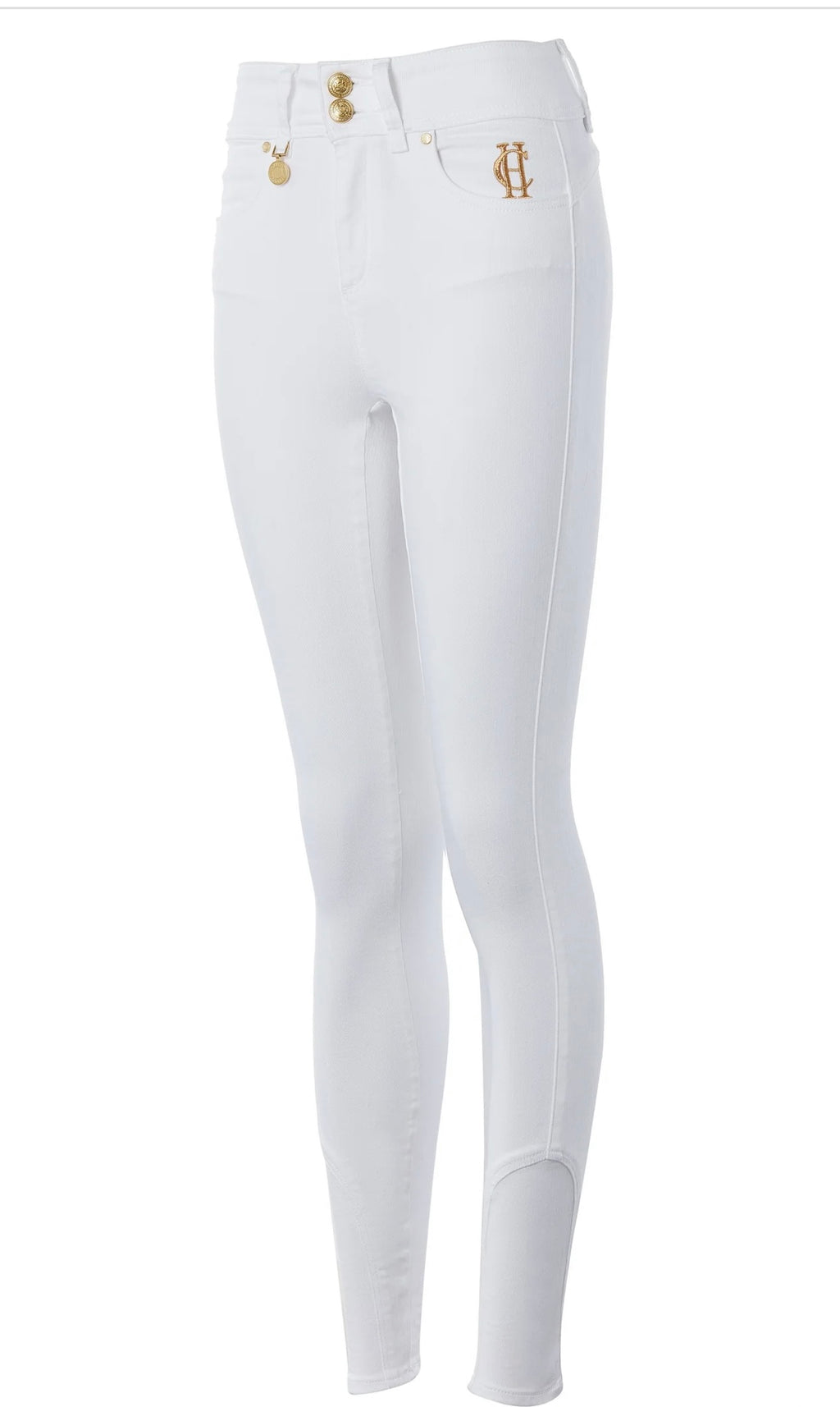 White riding pants with gold buttons on a white background