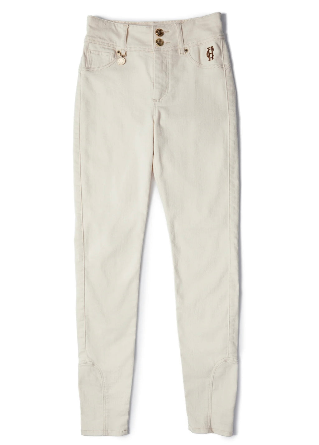Beige pants with button details on a white background