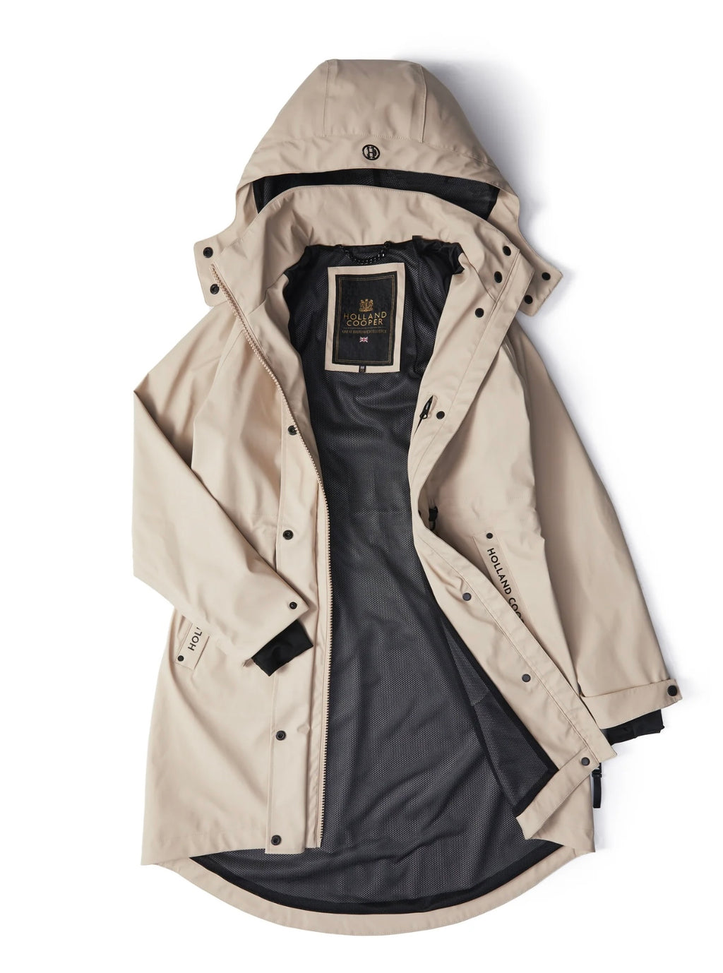 Beige hooded jacket with a brand label on a white background