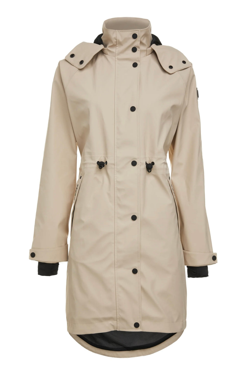 Beige trench coat with black buttons on a white background