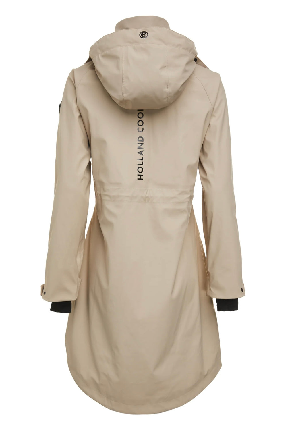 Beige coat with 'Holland Cool' branding on a white background