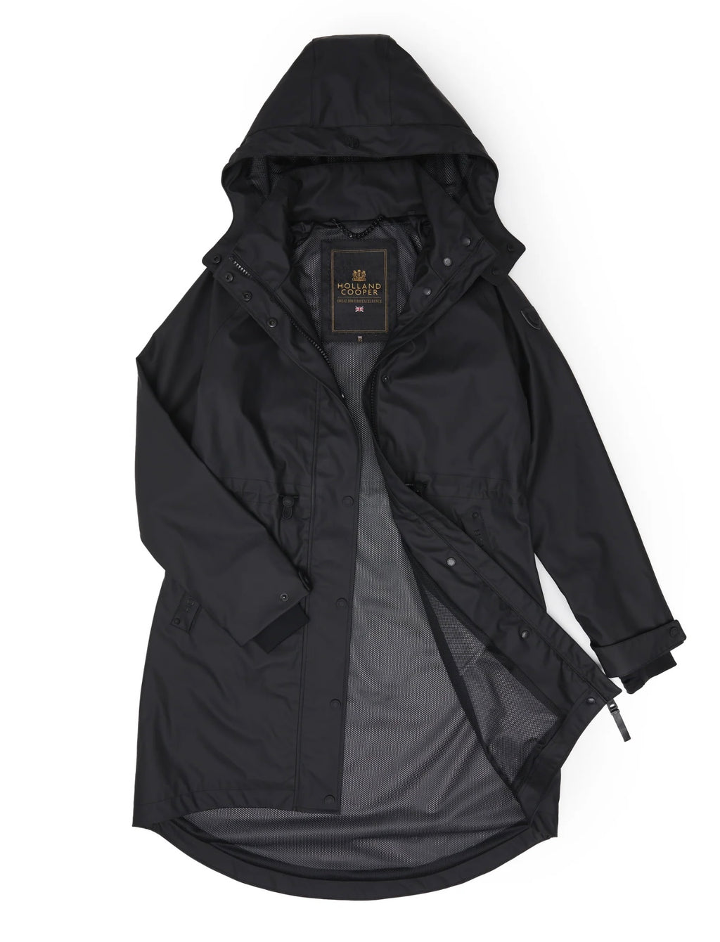 Black hooded jacket with a brand label on a white background