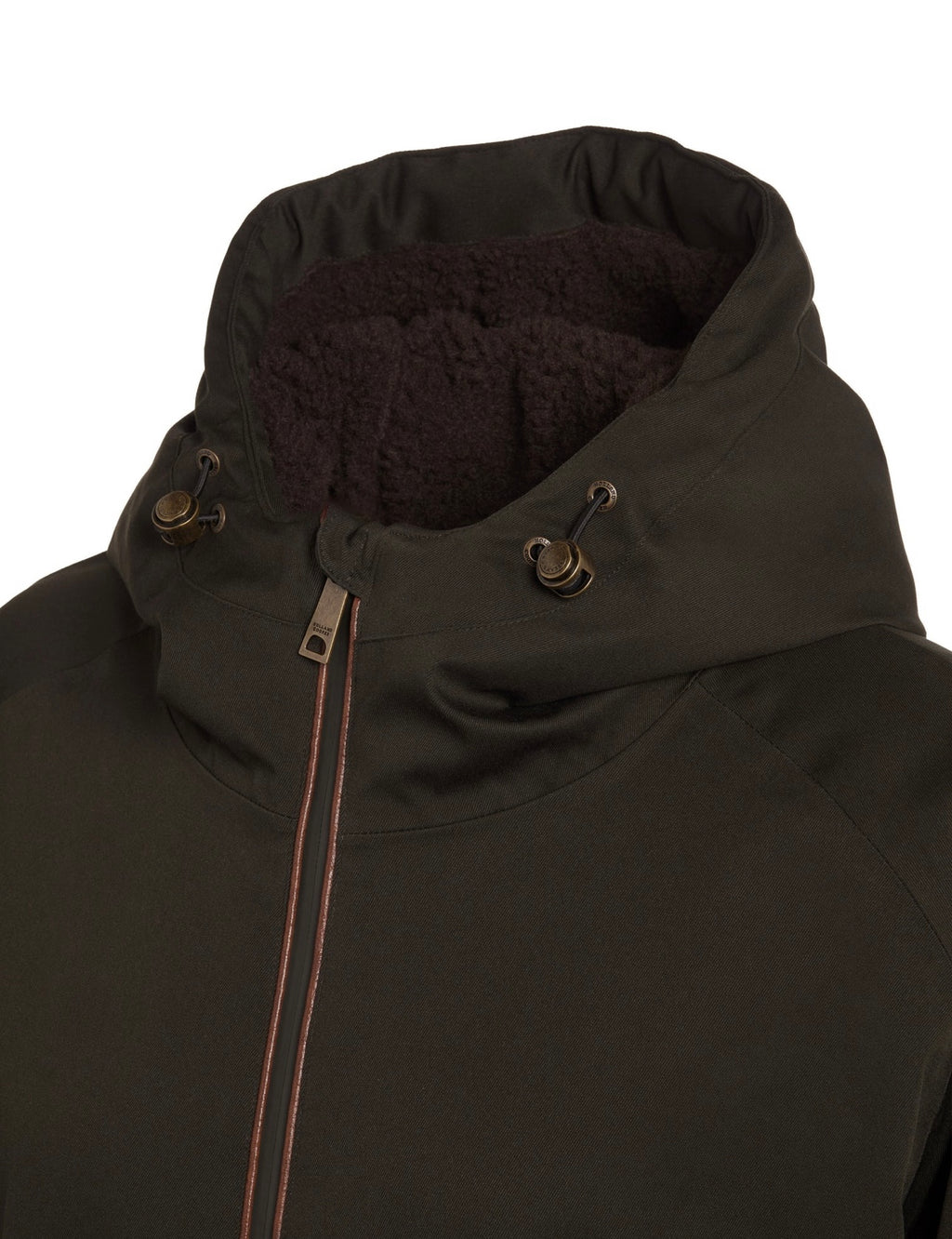 Close-up of a dark brown hooded jacket with buttons and a drawstring on a white background