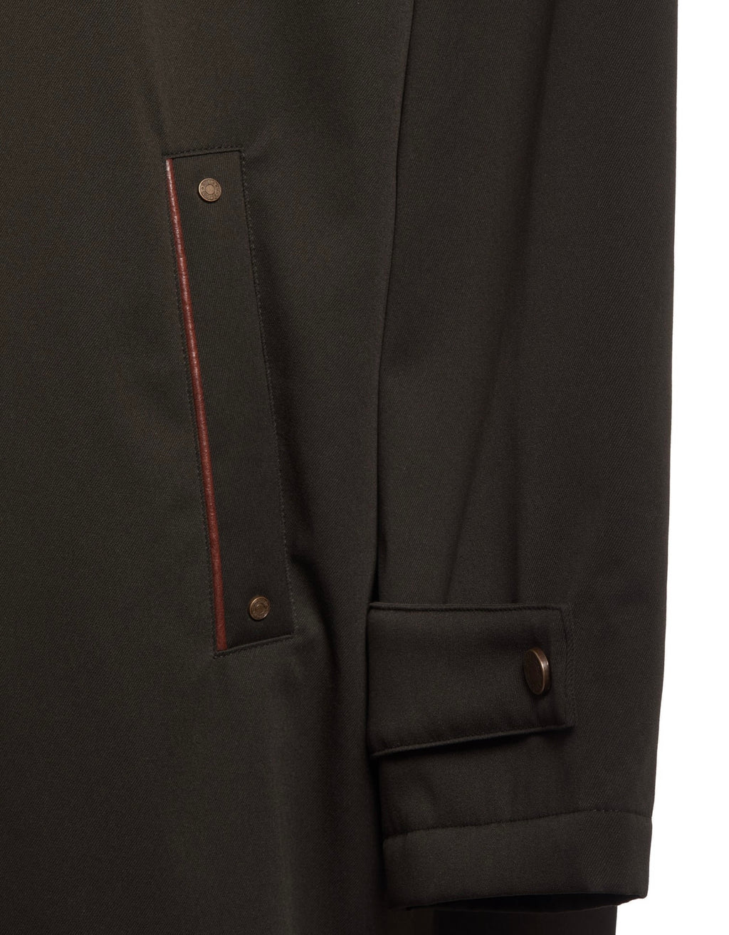 Close-up of a dark coat with button details on a white background