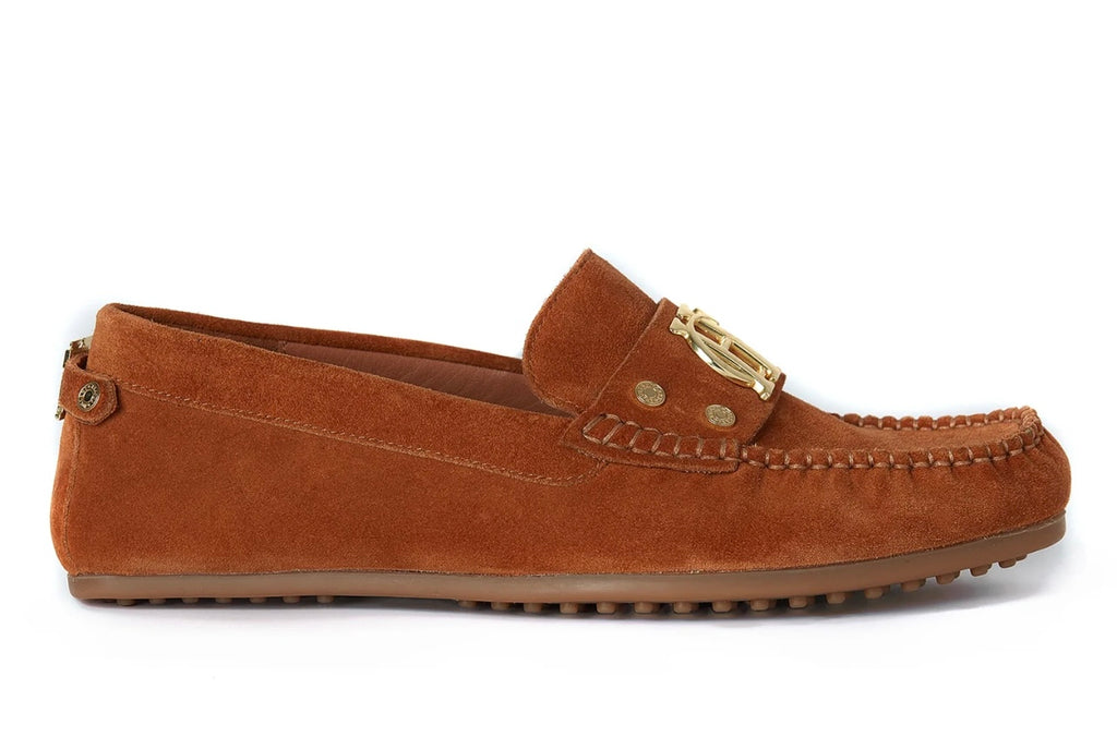 Brown suede loafer with gold buckle on a white background