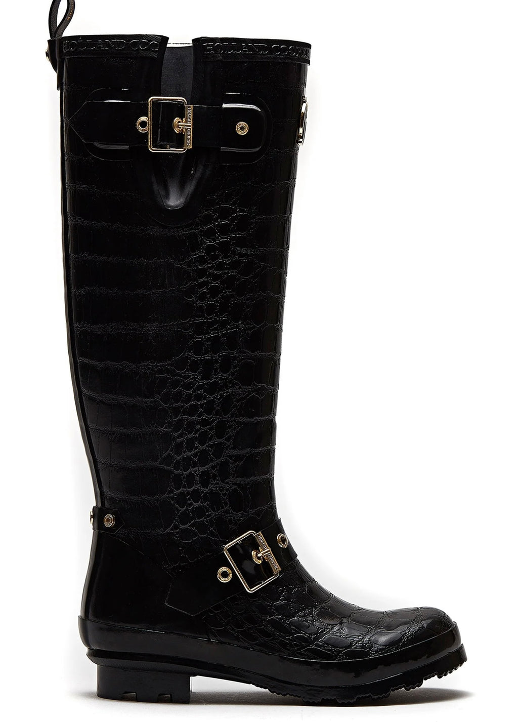 Black knee-high rain boot with a buckle on a white background