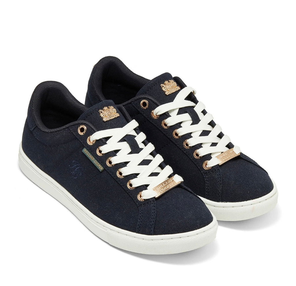 Pair of navy blue sneakers with white laces on a white background