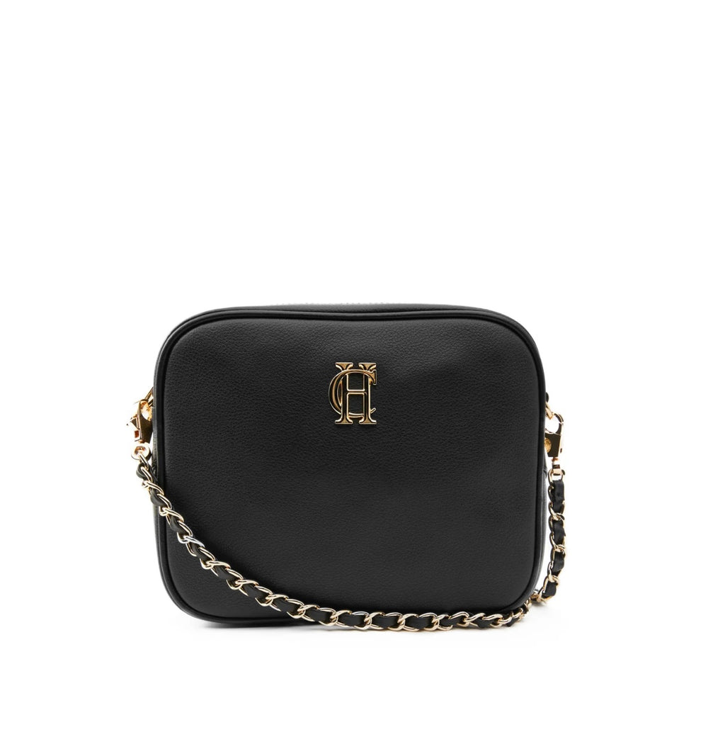 Black handbag with a gold chain and logo on a white background