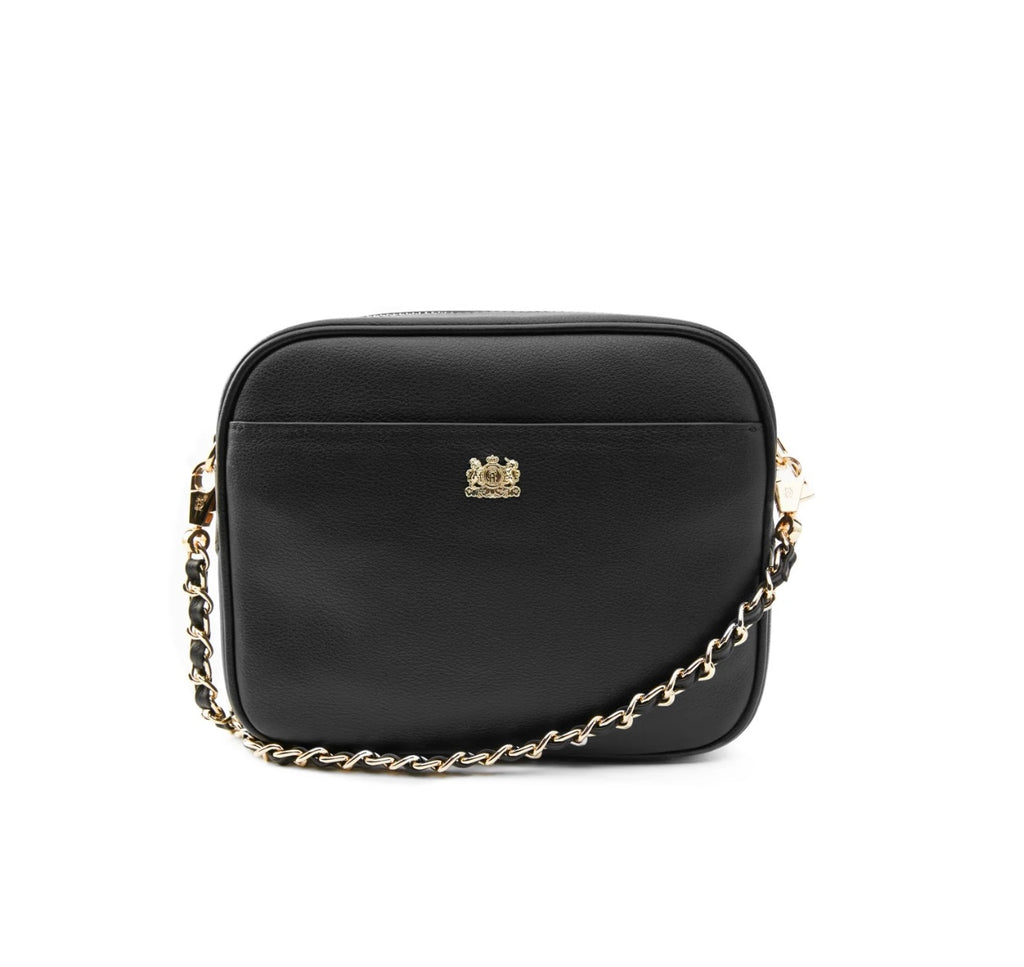 Black handbag with a gold chain on a white background