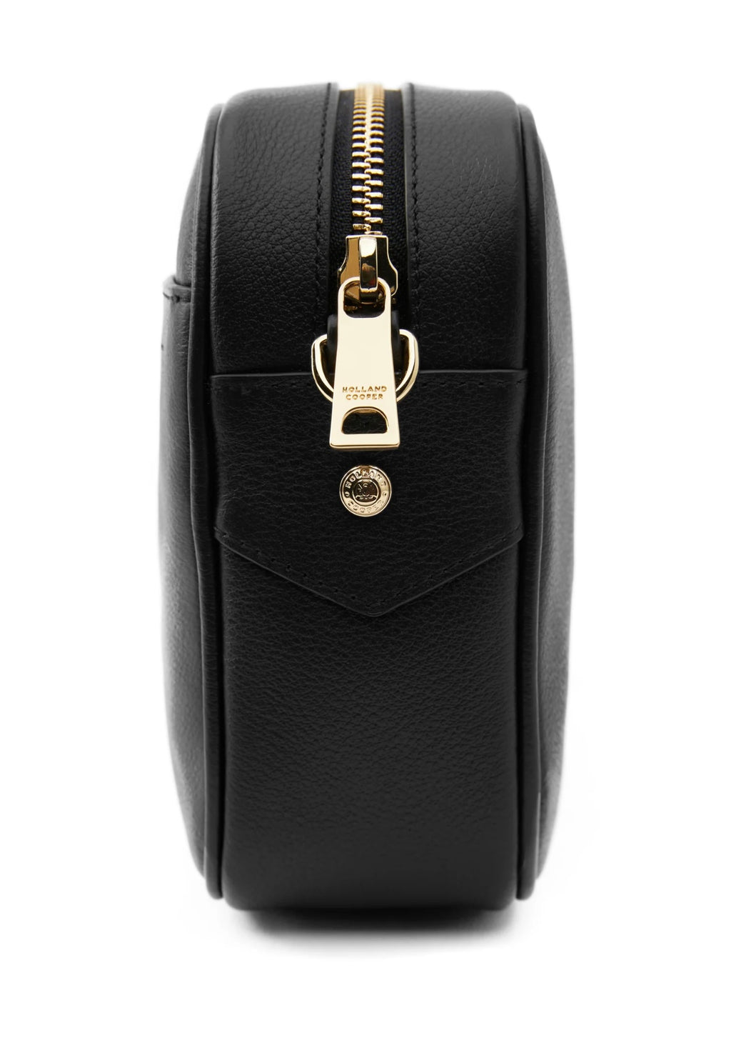 Black leather bag with gold zipper on a white background