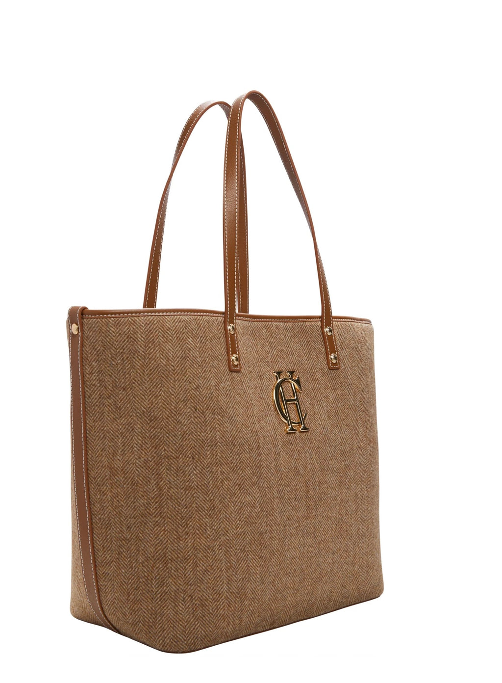 Brown tote bag with a logo on a white background