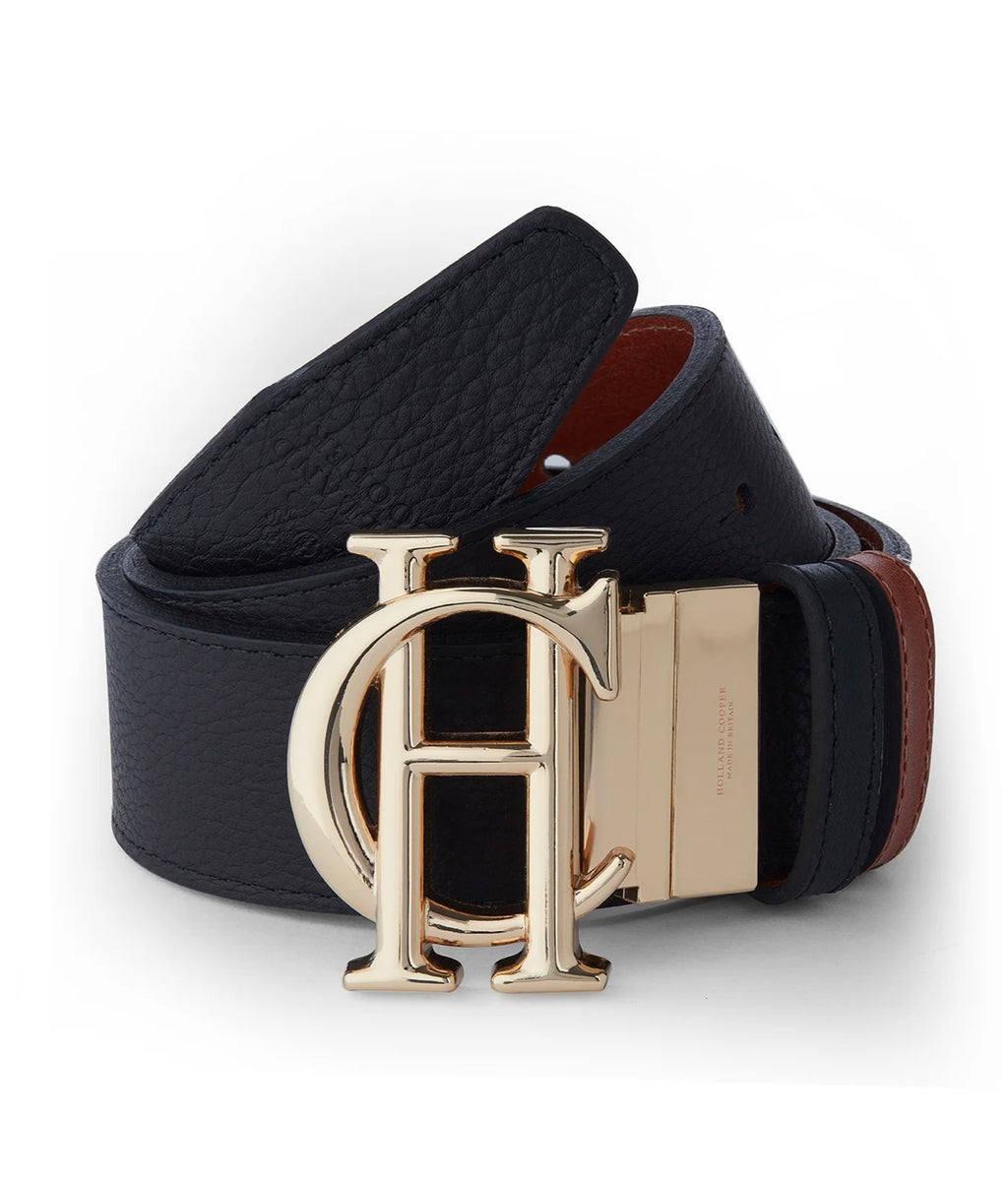 Black leather belt with gold logo buckle on a white background