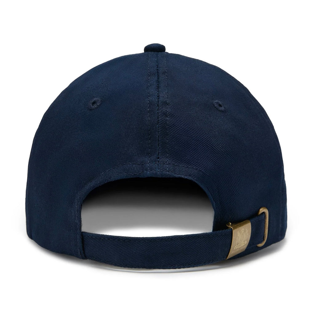 Navy blue baseball cap with a leather strap on a white background