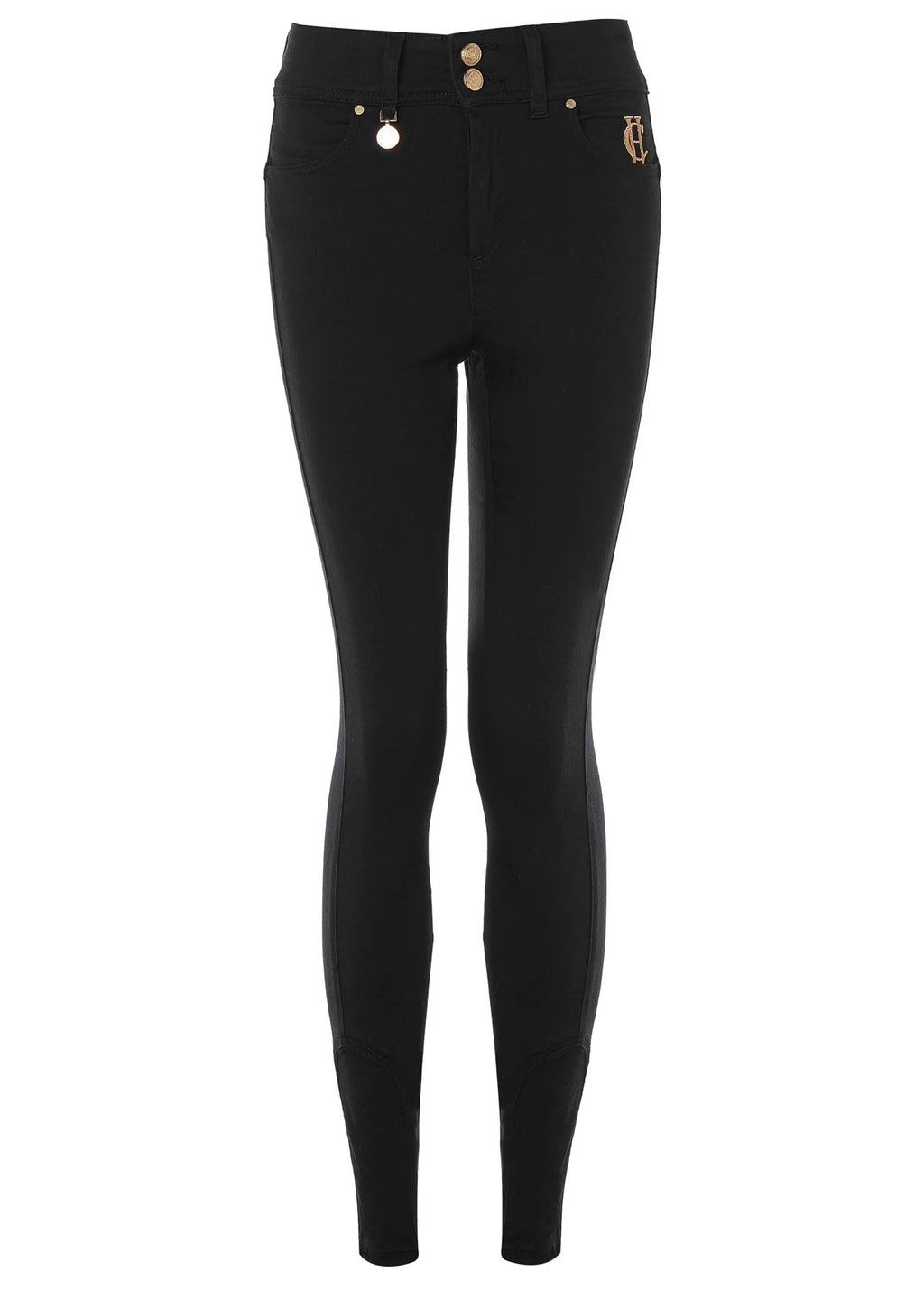 Black riding pants with gold buttons on a white background