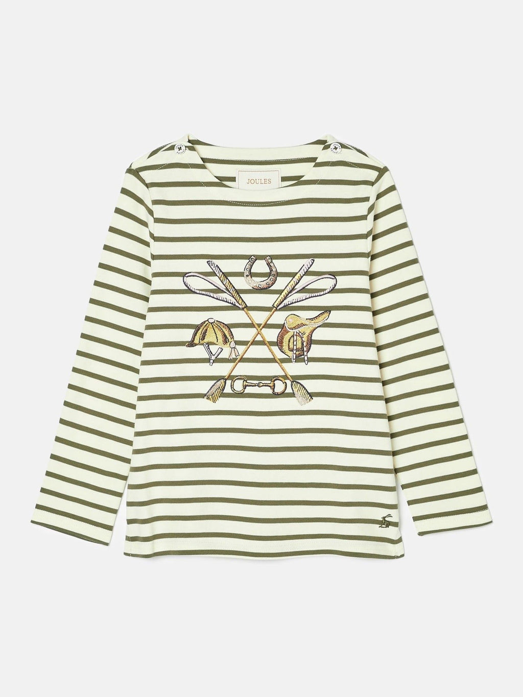 Green and white striped long-sleeve shirt with embroidered design on a light gray background