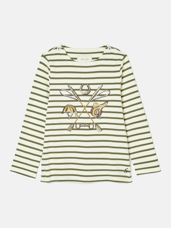 Green and white striped long-sleeve shirt with embroidered design on a light gray background