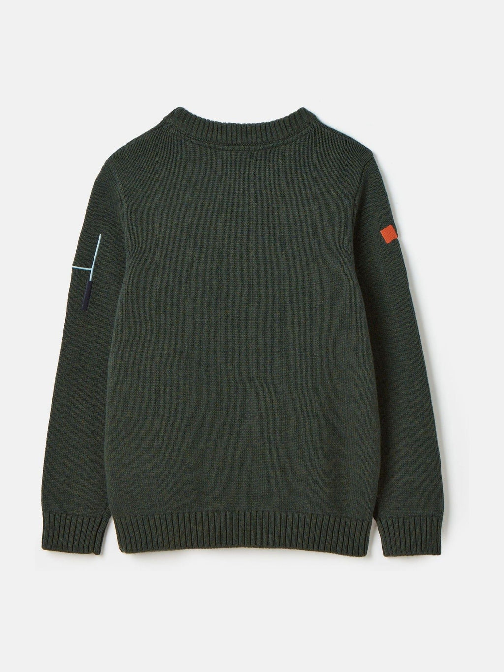 Green sweater with patches on a light gray background