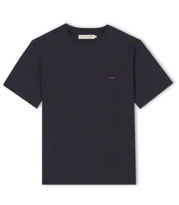 Navy blue t-shirt with a small logo on a white background