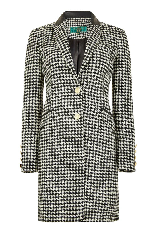 Houndstooth pattern coat with brand logo on a white background