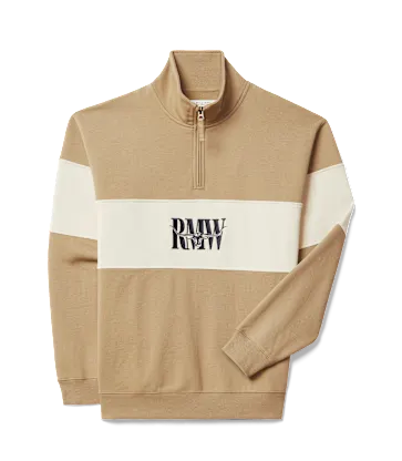 Beige and white half-zip sweatshirt with a brand logo on a white background