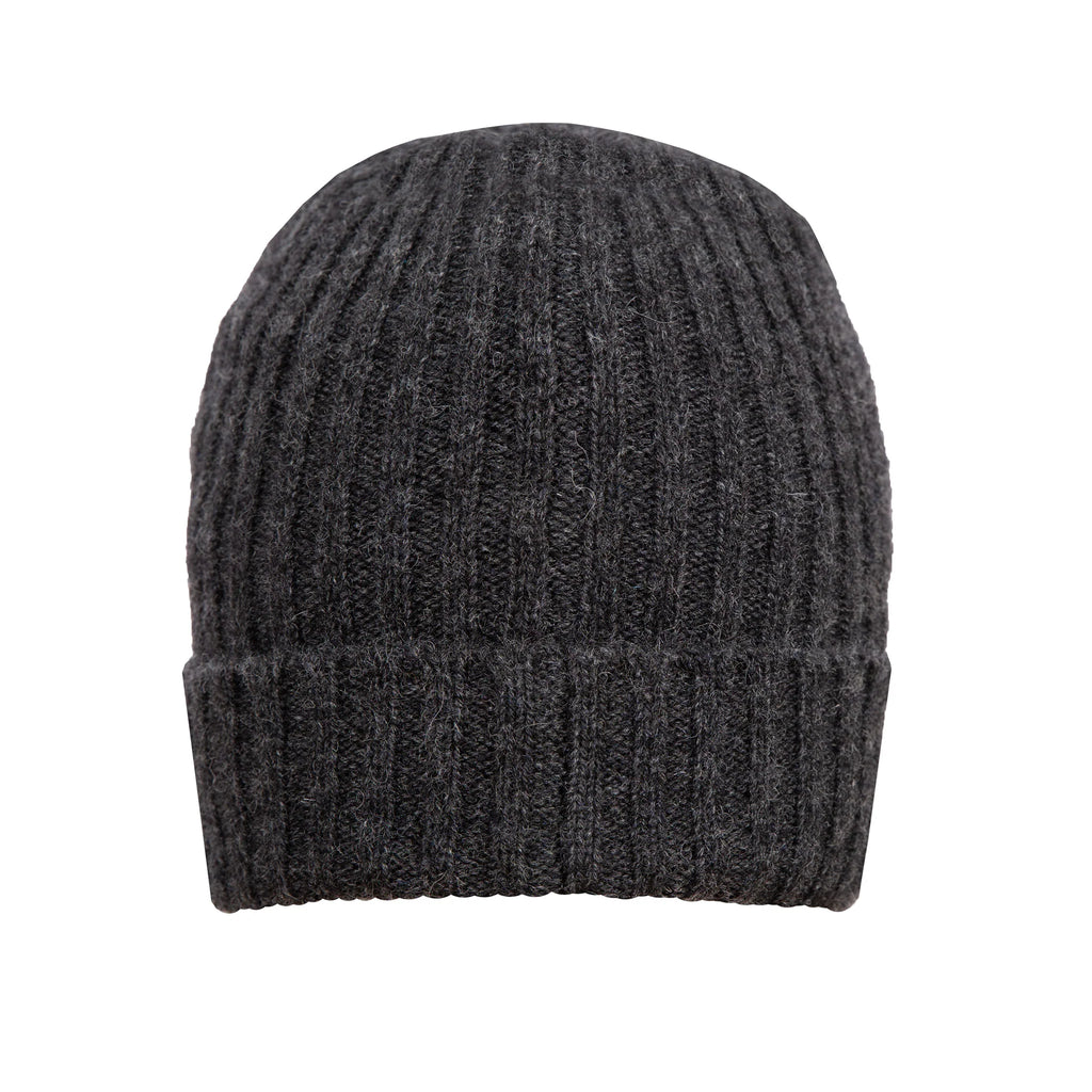 Dark gray knit beanie on a white background