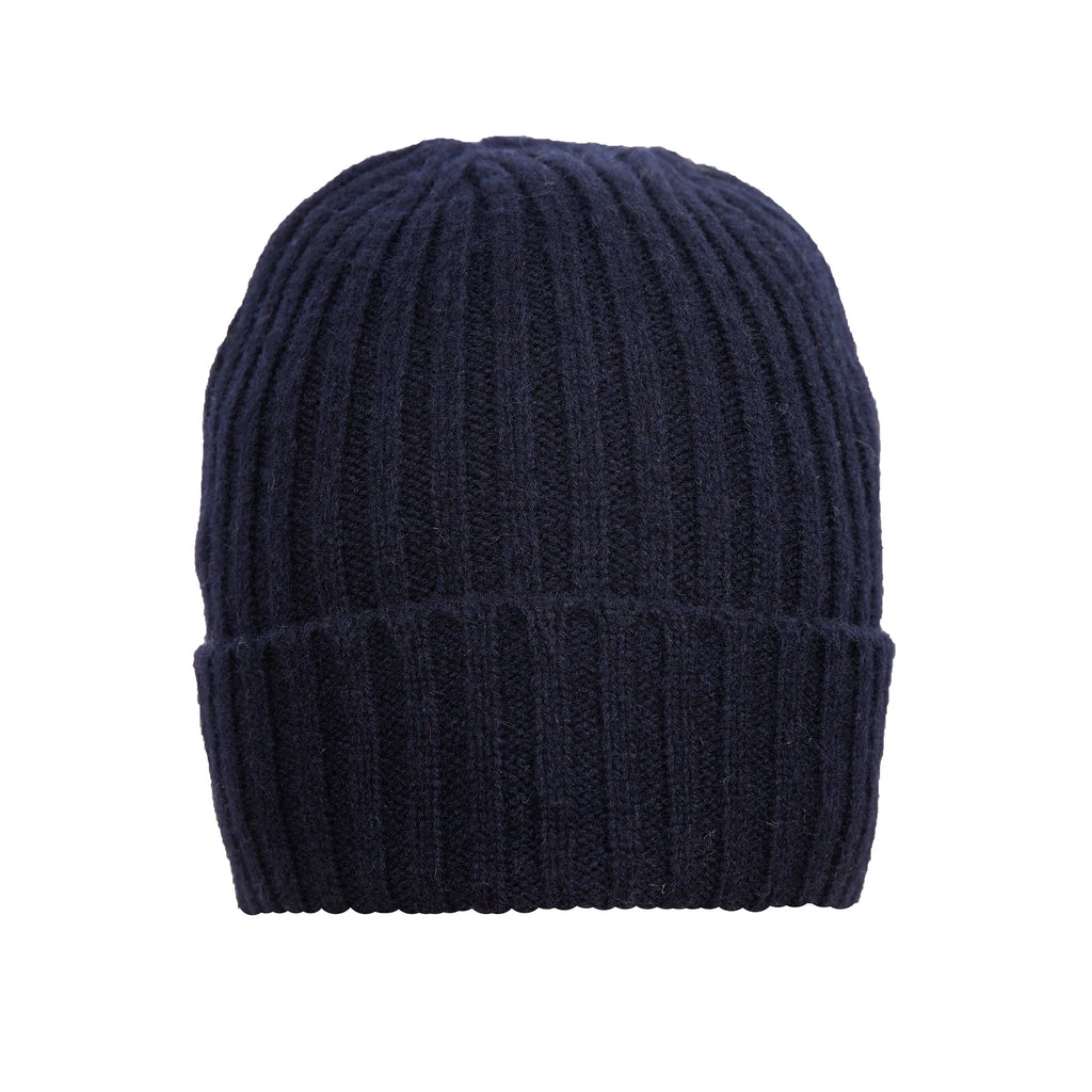 Navy blue knit beanie on a white background