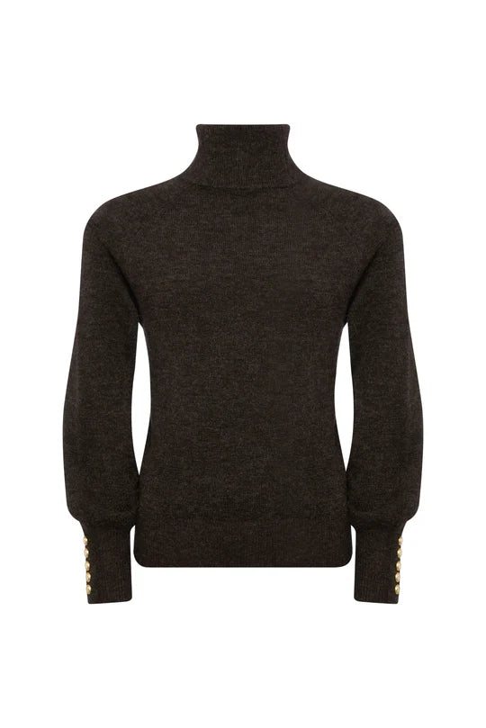 Dark brown turtleneck sweater with gold buttons on a white background